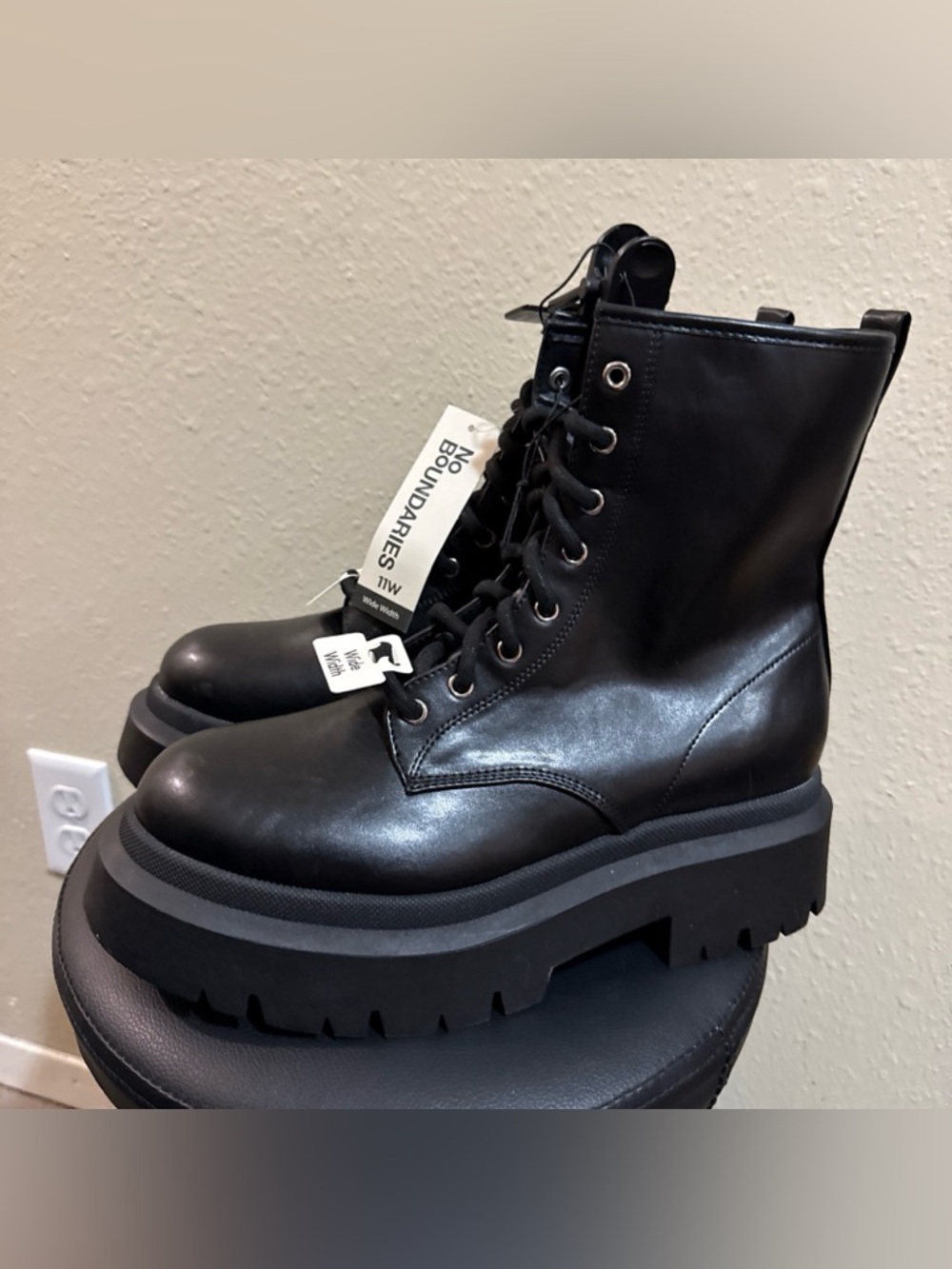 Black Chunky Faux Leather  Platform Combat Boots for Women 11Wide